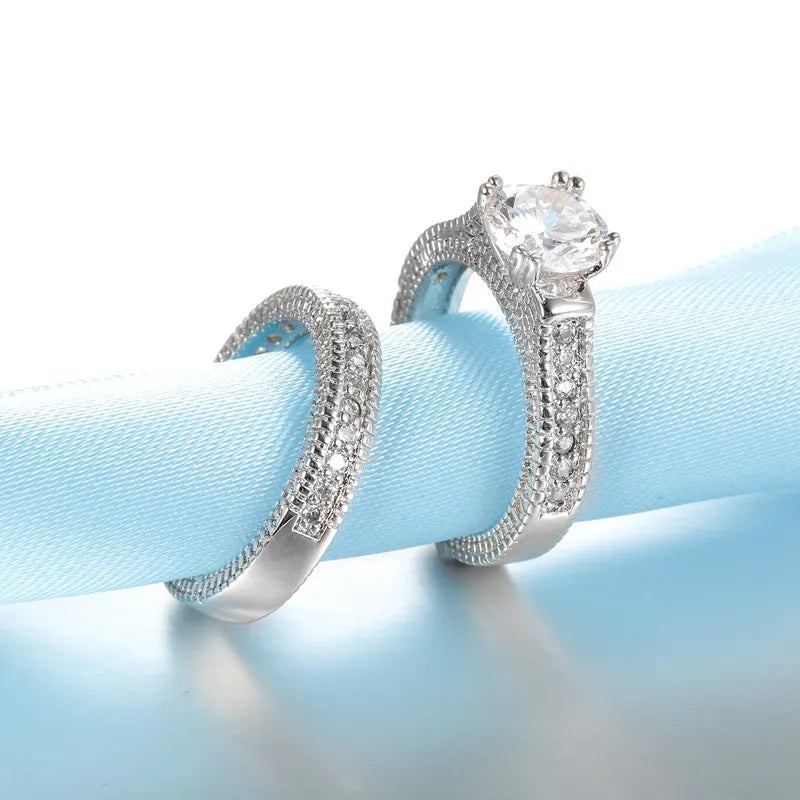 Elegant Wedding Engagement Couple Rings Set – 925 Sterling Silver with Shiny Cubic Zirconia Stones, Anniversary Accessory.