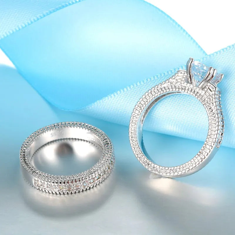 Elegant Wedding Engagement Couple Rings Set – 925 Sterling Silver with Shiny Cubic Zirconia Stones, Anniversary Accessory.